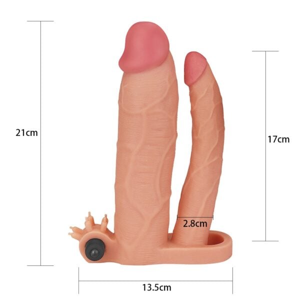 7,5 cm uzatmalı çiftli içi boş titreşimli 21 cm çatal dildo penis kılıfı.