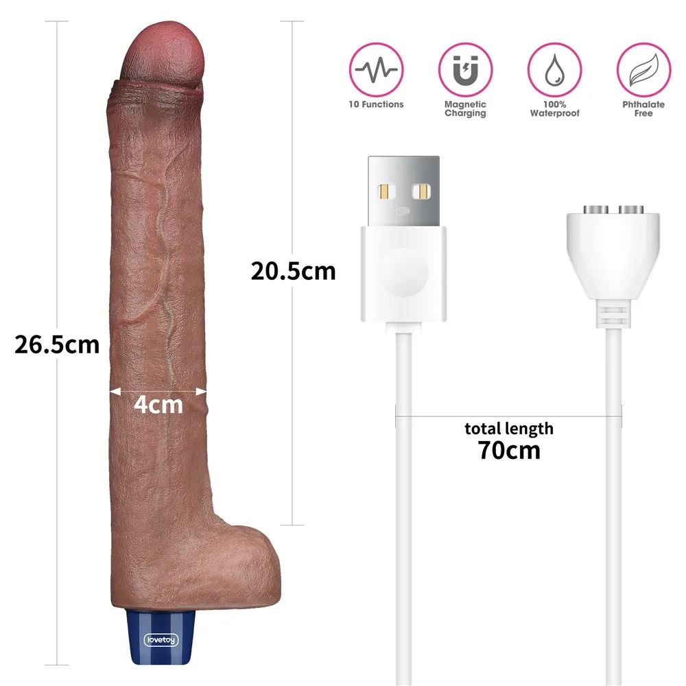 26.5 cm USB Şarjlı Gerçekçi 10 Titreşim Modlu Sessiz Dildo