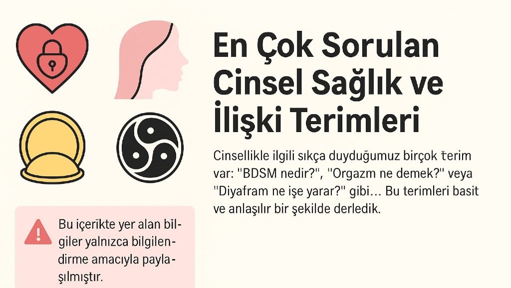Cinsel sağlık terimleri, ilişki terimleri ve sık sorulan kavramlar için bilgilendirici içerik. BDSM, orgazm, diyafram ve daha fazlası hakkında açıklamalar.