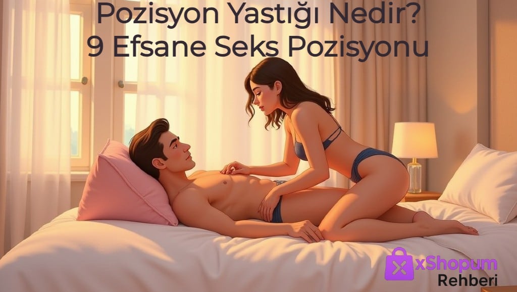 Bir çift, yatakta pozisyon yastığı kullanarak romantik bir seks pozisyonu deniyor. Modern ve şık yatak odasında, yumuşak ışıklarla estetik bir görünüm oluşturulmuş. Görsel, xShopum rehberi için hazırlanmış.