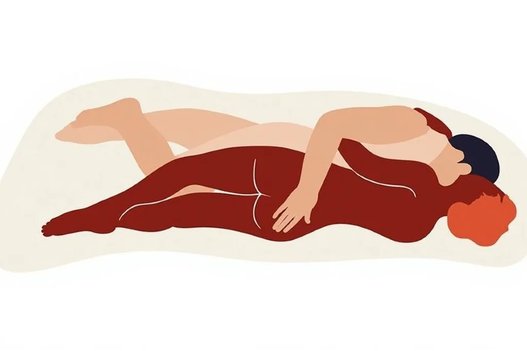 sidewinder Spoon Facing seks pozisyonu: her iki partner yan yatar, yüz yüze bakarak sarılır ve penetrasyon gerçekleşir.