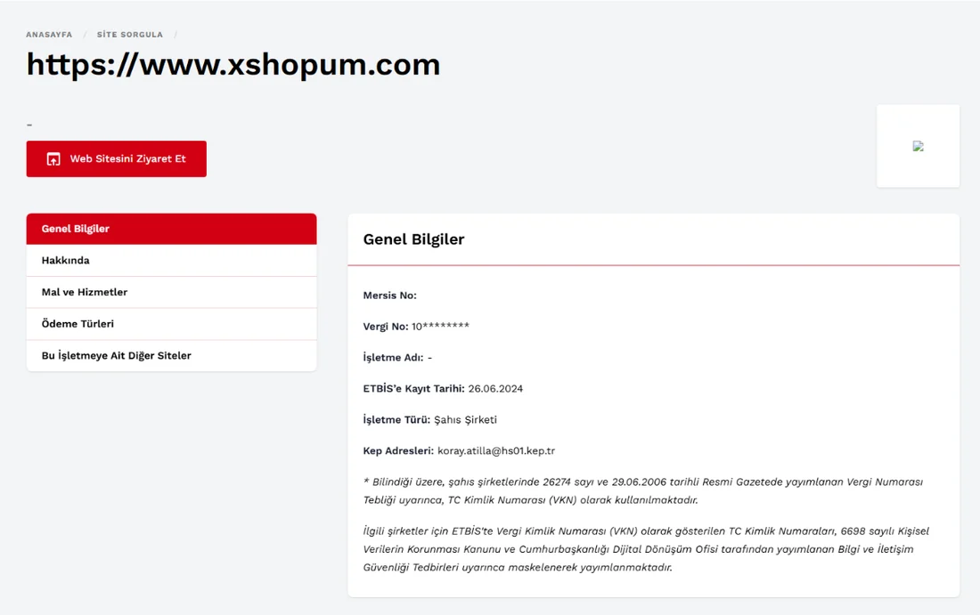 xShopum ETBİS kayıtlı site sorgulama ekranı
